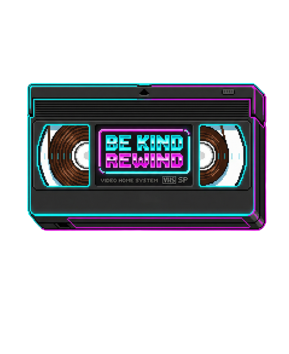 Retro VHS Tape Be Kind Rewind Neon Pixel Art