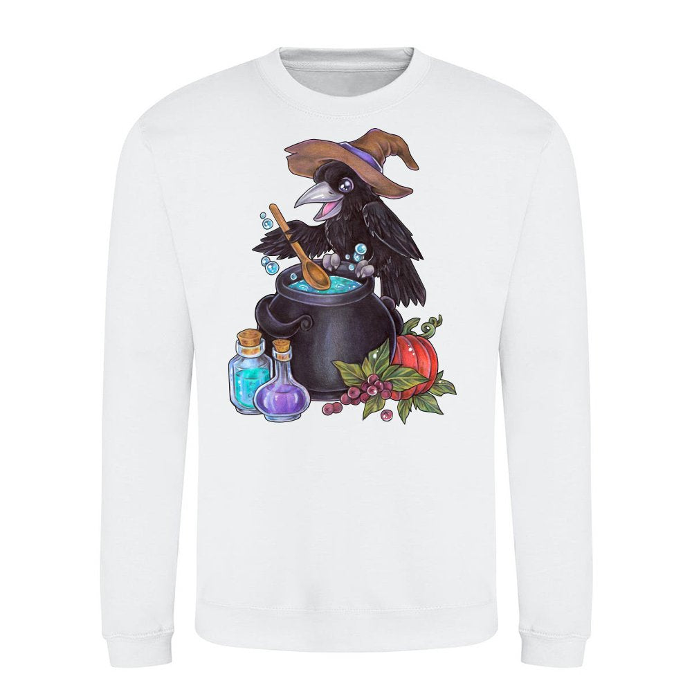 Cute magic raven witch with cauldron alchemy
