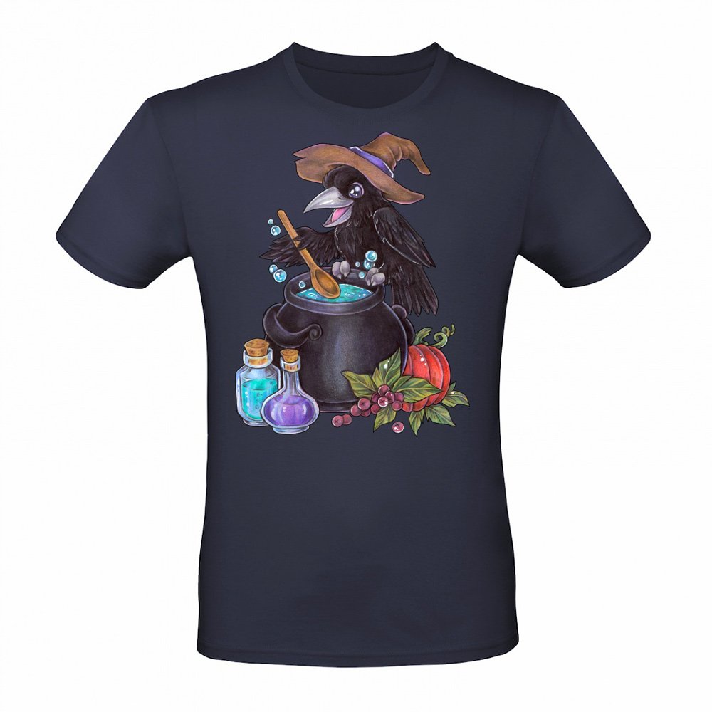 Cute magic raven witch with cauldron alchemy