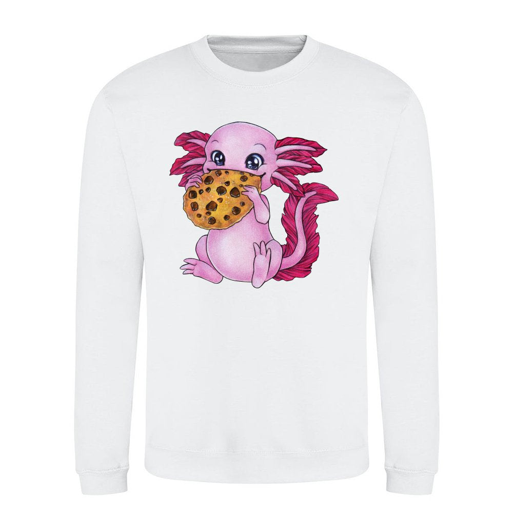 Cute axolotl with cookie is happy to receive a gift