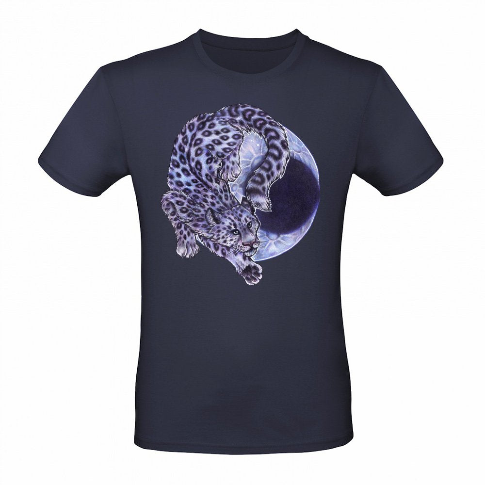 Cool snow leopard big cat in front of crescent moon