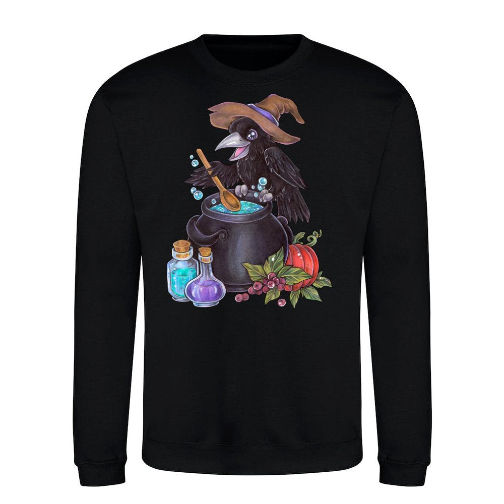 Cute magic raven witch with cauldron alchemy