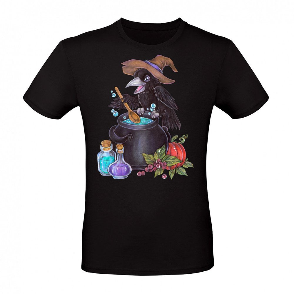 Cute magic raven witch with cauldron alchemy