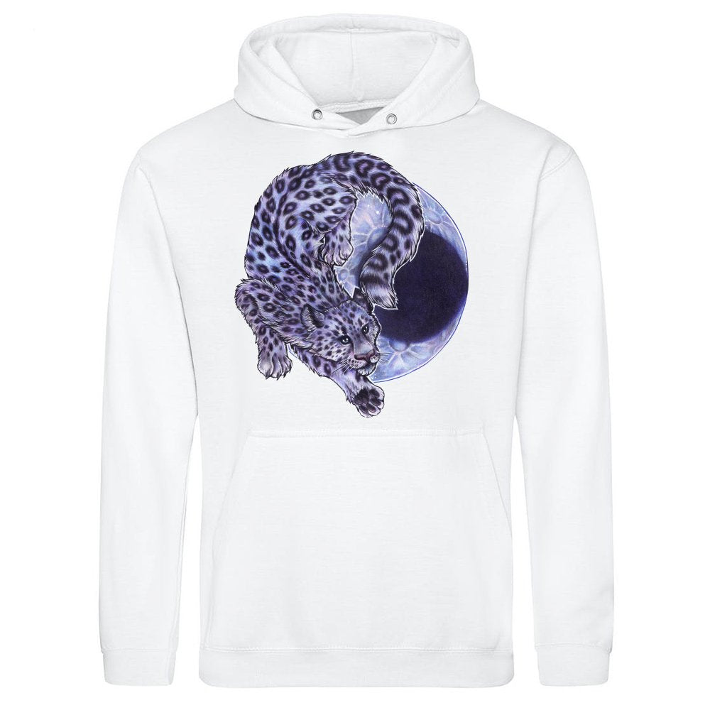 Cool snow leopard big cat in front of crescent moon