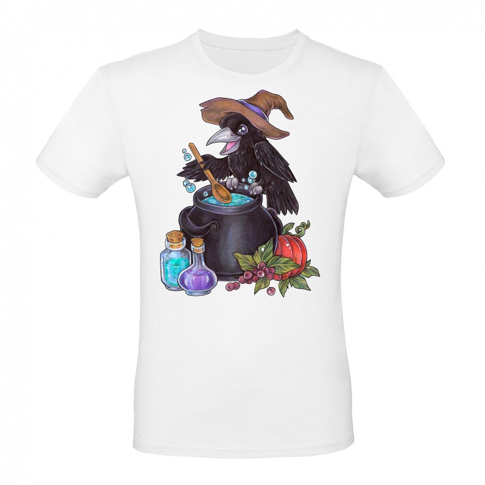 Cute magic raven witch with cauldron alchemy