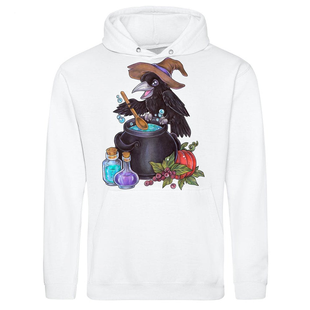 Cute magic raven witch with cauldron alchemy