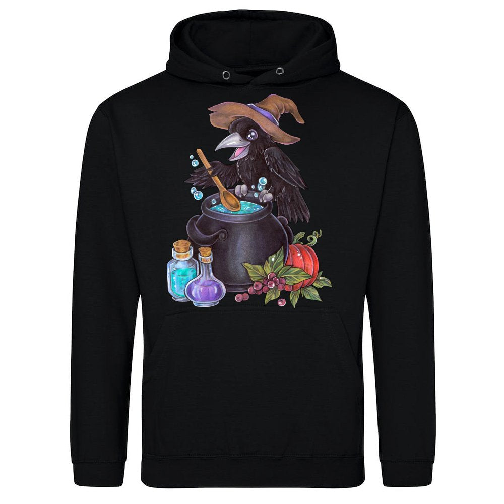 Cute magic raven witch with cauldron alchemy