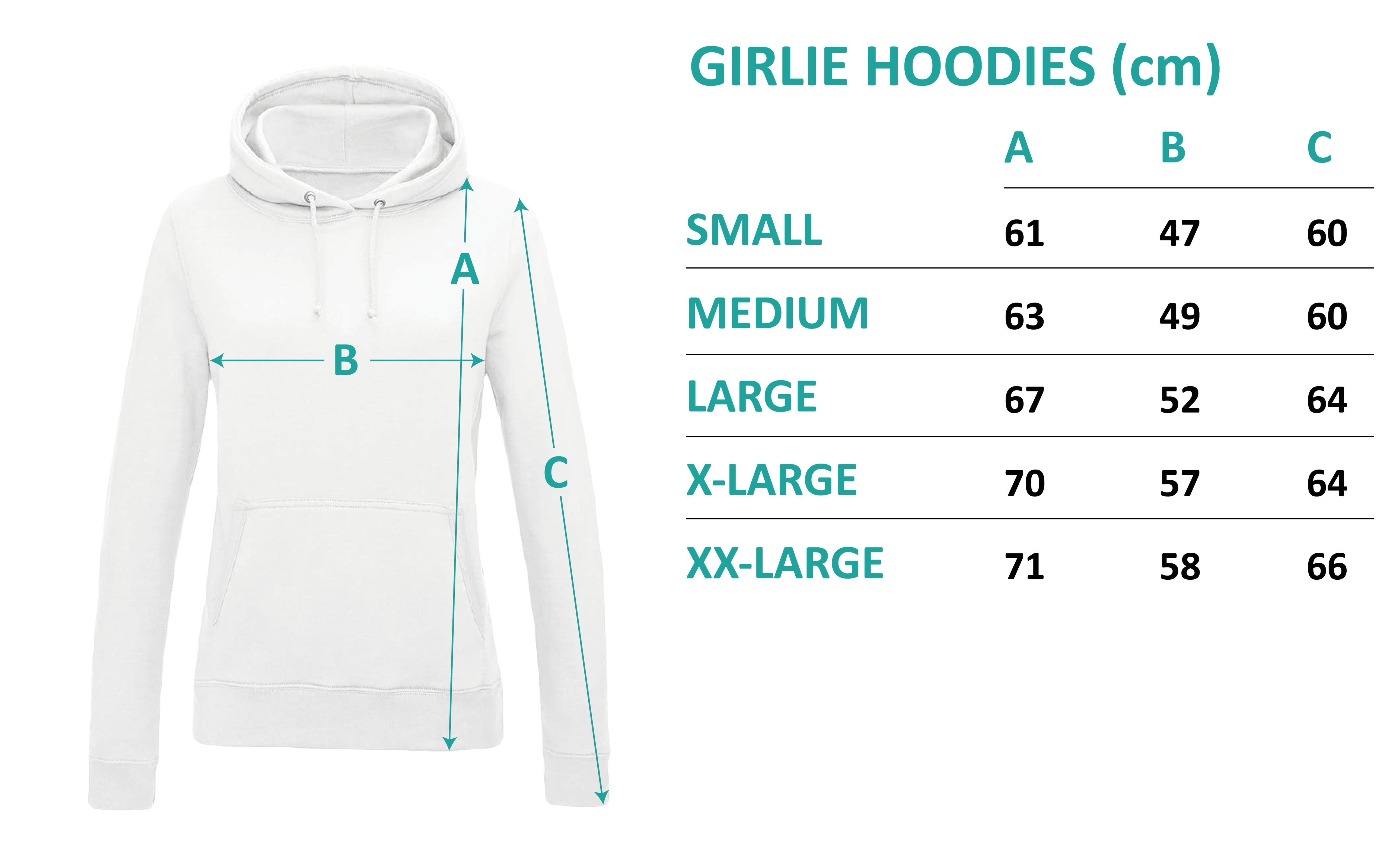 Größentabelle Ladies Hoodies in cm