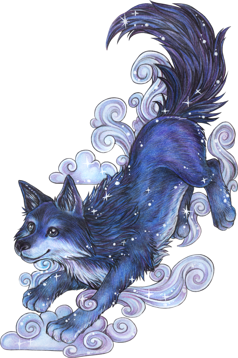 Cute mystical moon wolf with clouds and stars