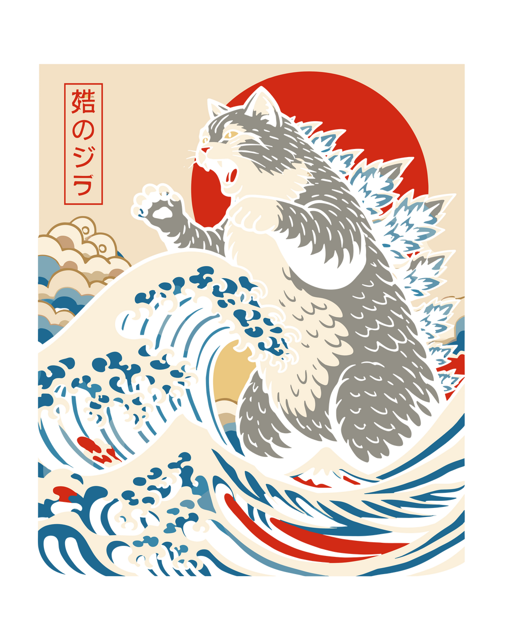 Catzilla The Great Wave Japanese Retro Kaiju Cat Graphic