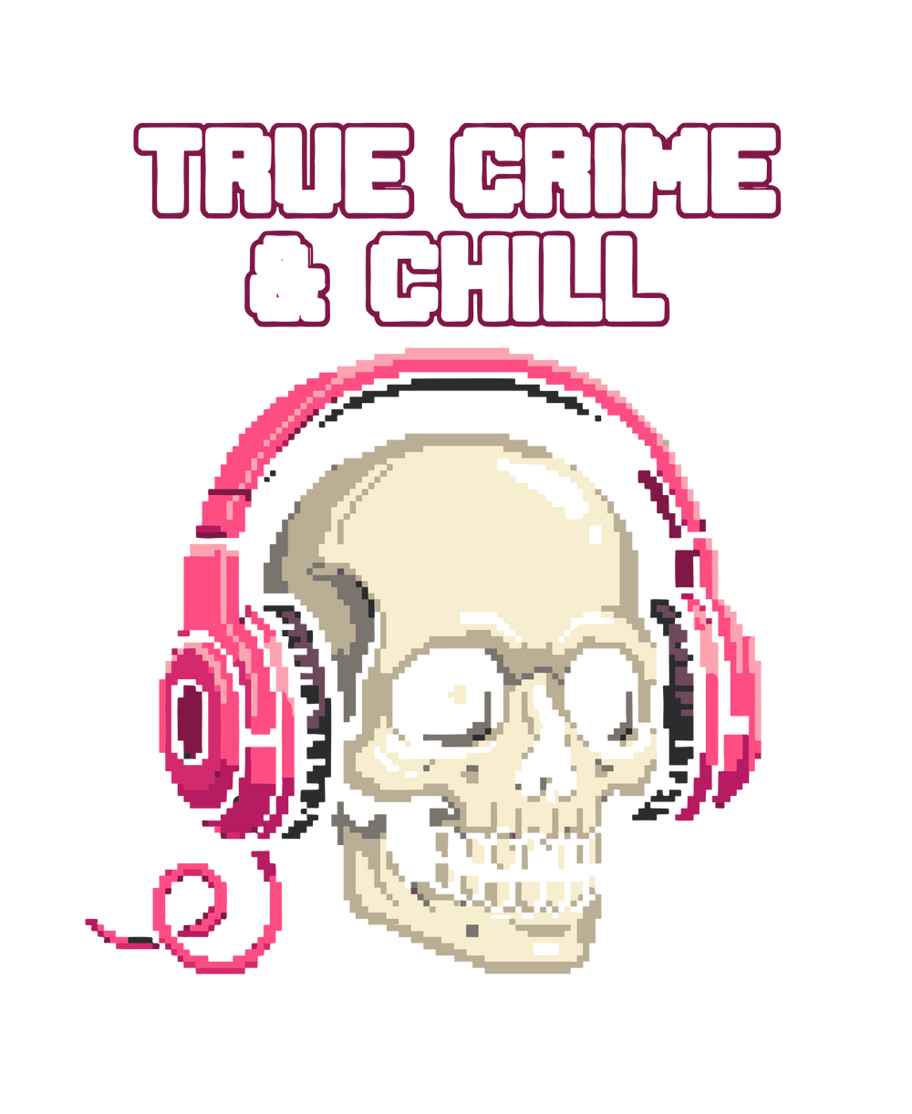 True Crime and Chill Skull with Pink Headphones Pixel Art