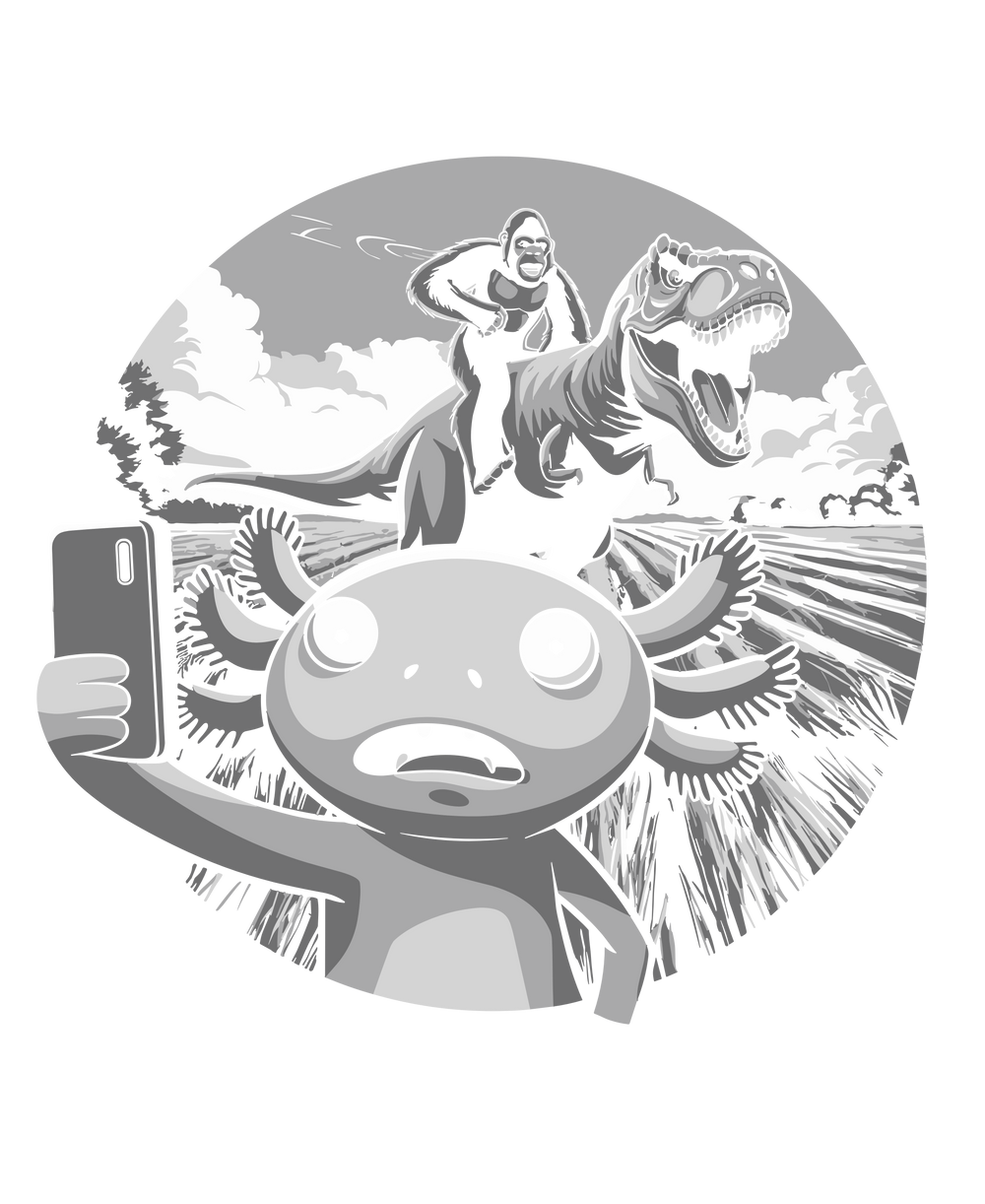 Axolotl Selfie with Gorilla Riding T-Rex