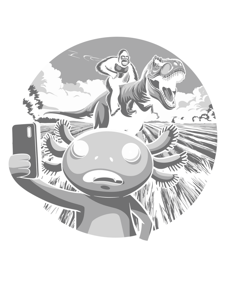 Axolotl Selfie with Gorilla Riding T-Rex