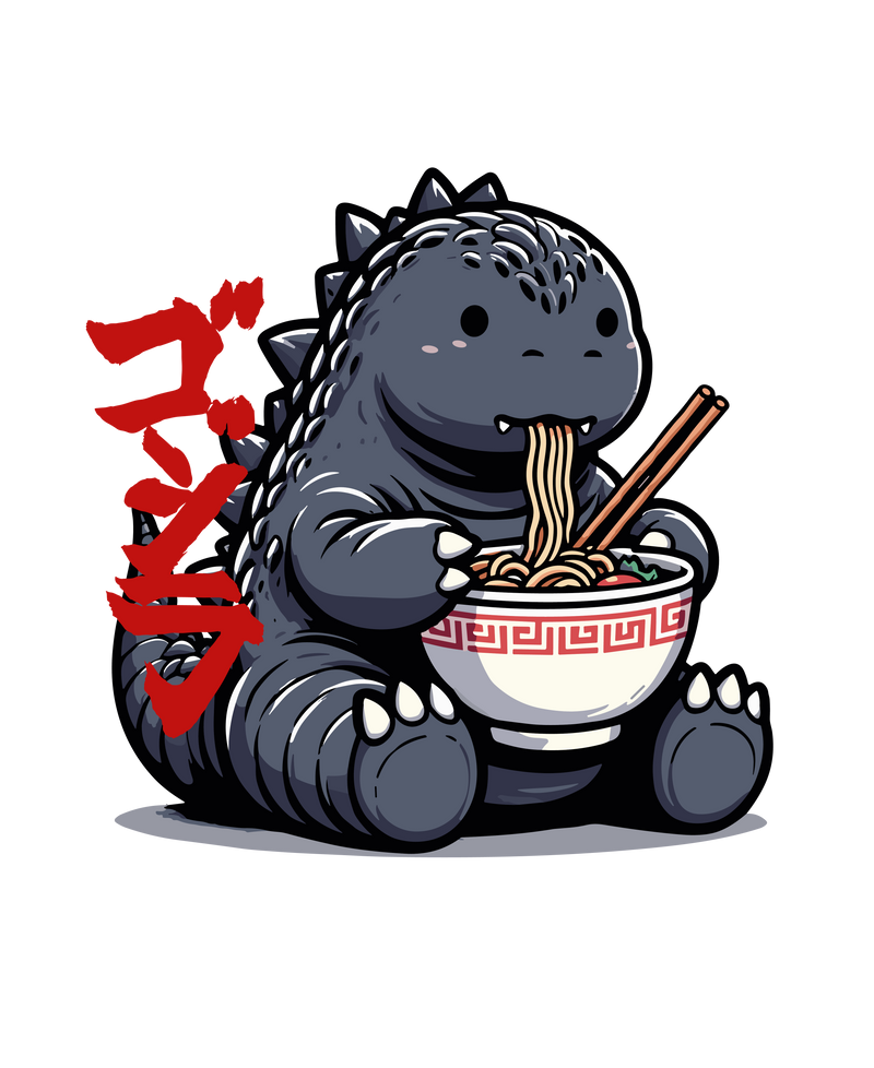 niedlicher Godzilla isst Ramen