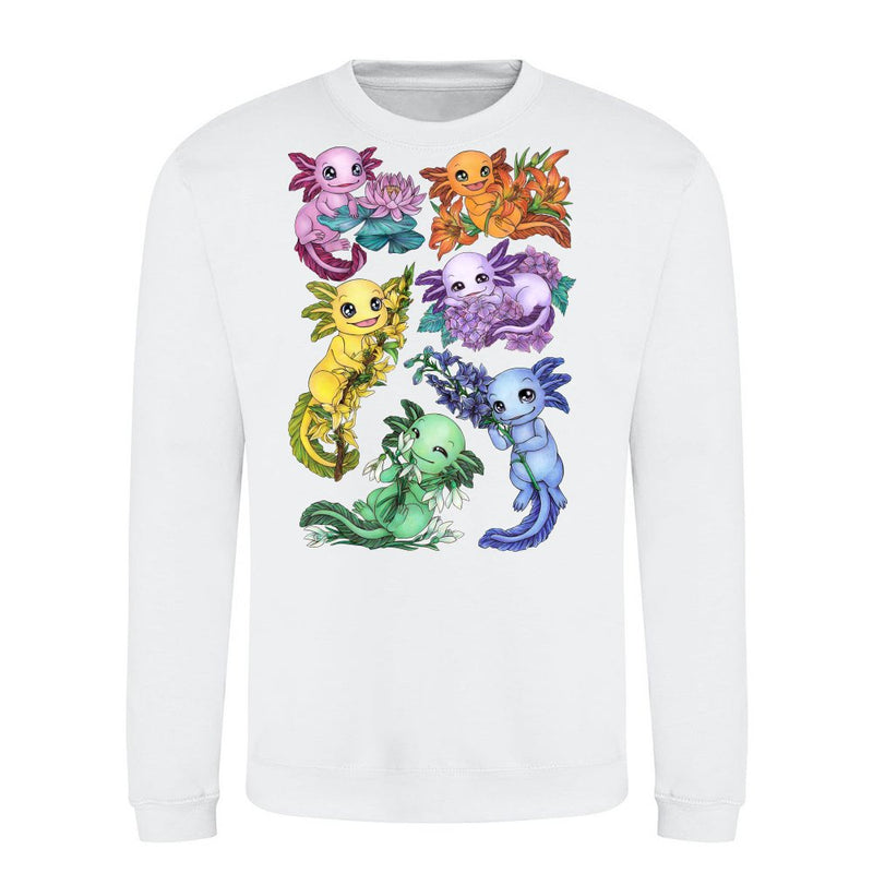 Lustige bunte Regenbogen Axolotl mit Blumen
