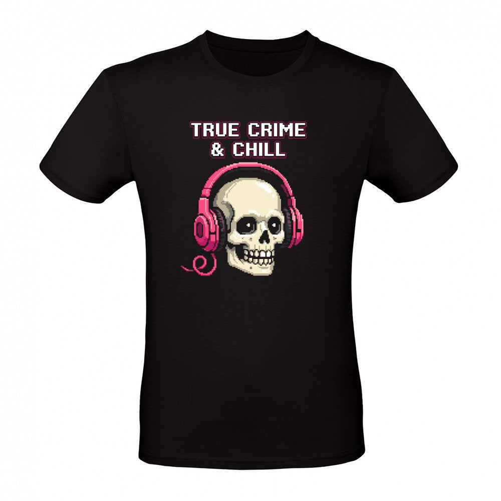 True Crime and Chill Skull with Pink Headphones Pixel Art