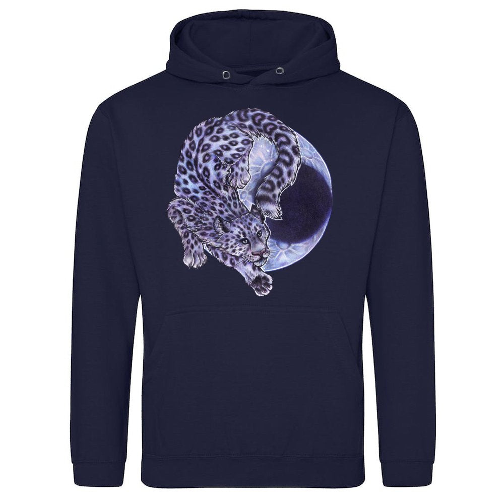 Cool snow leopard big cat in front of crescent moon