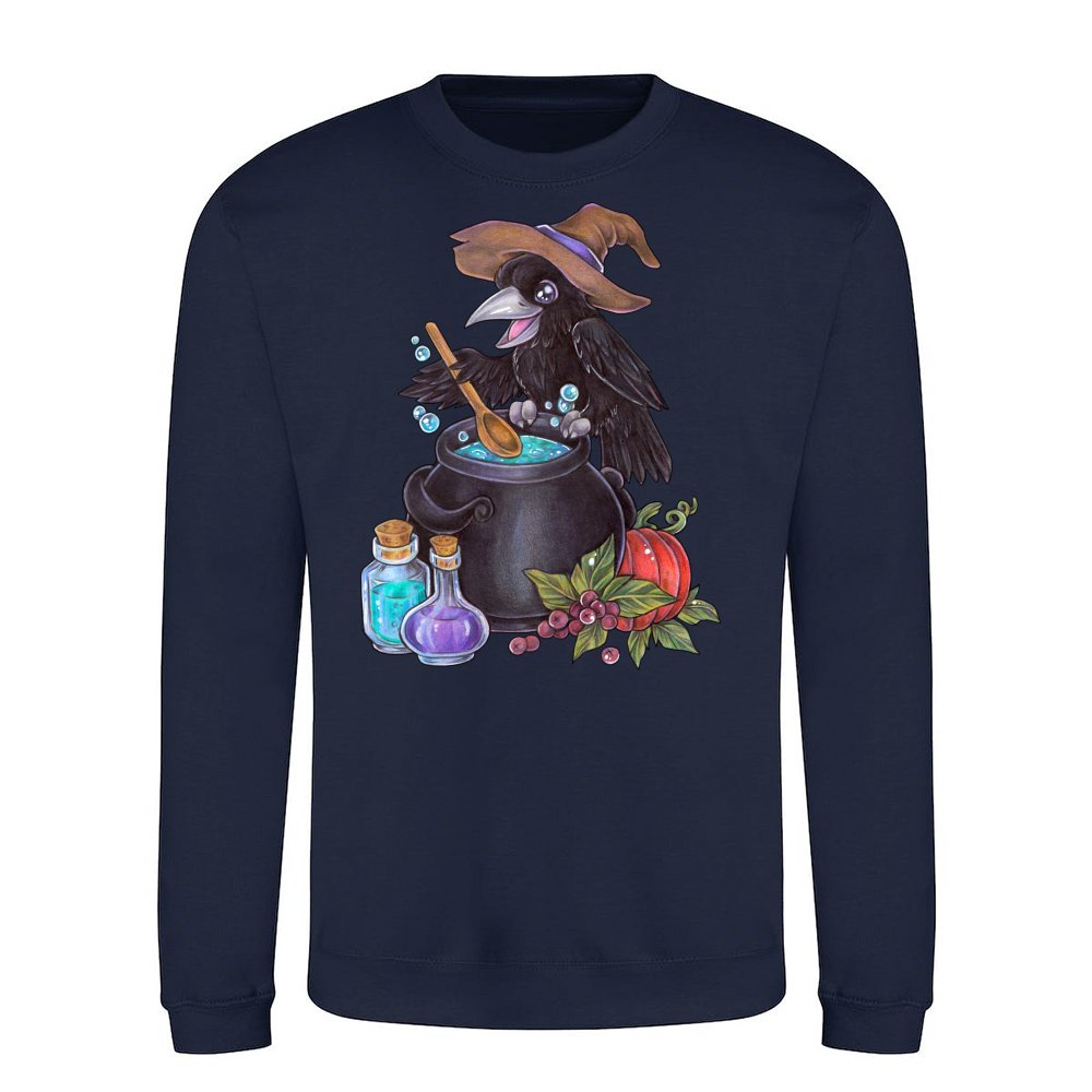 Cute magic raven witch with cauldron alchemy