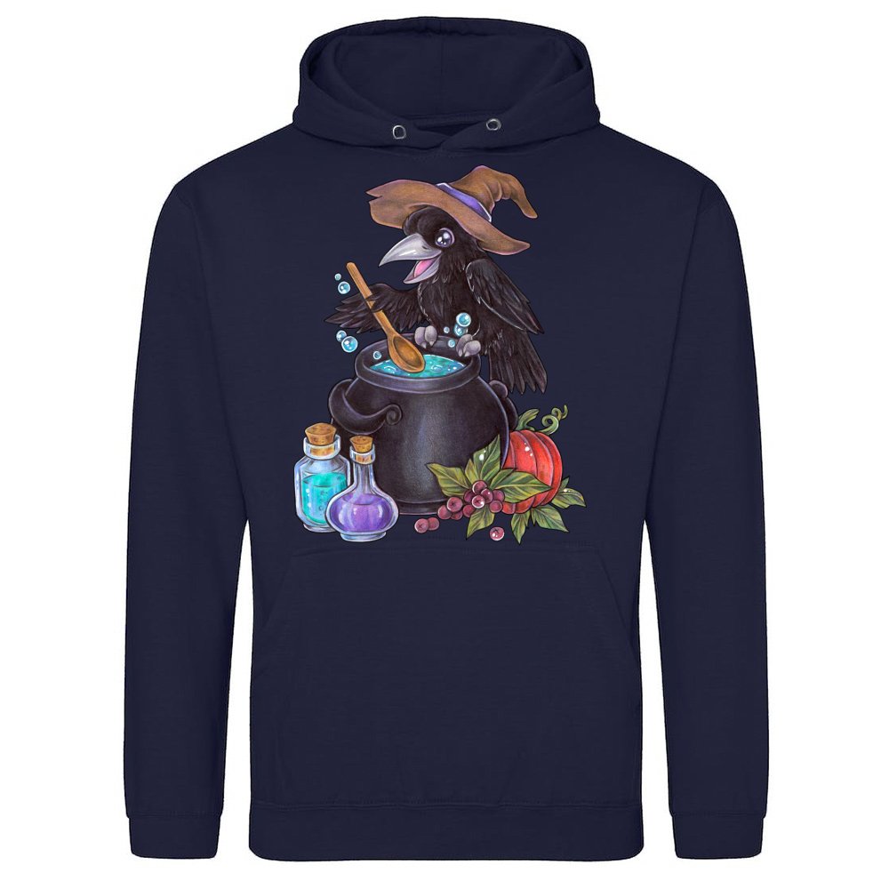Cute magic raven witch with cauldron alchemy